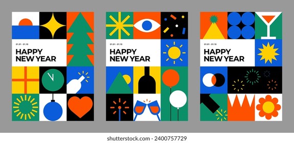 Feliz Año Nuevo colorido mosaico geométrico patrón sin fisuras. Forma creativa abstracta. Icono de estilo escandinavo moderno. Símbolo moderno y luminoso. Mínima impresión de fondo. Ilustración vectorial plana.