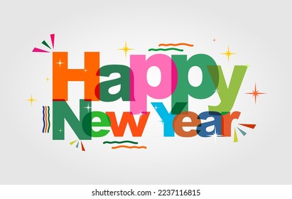 Happy new year colorful logo. happy new year holiday typography design with colorful decoration Use as photo overlay, place onto cards, posters, prints, t shirts. Vector illustration