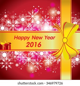 Happy New Year. The colorful snow and Christmas gift on red background.