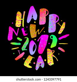 Happy new year colorful vector card. Funny and cute new 2019 year illustration. Vector illustration for your graphic design.