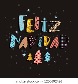 Happy new year colorful vector card. Funny and cute new 2019 year illustration. Feliz Navidad poster. Vector illustration for your graphic design.