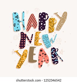 Happy new year colorful vector card. Funny and cute new 2019 year illustration. Happy New Year poster. Vector illustration for your graphic design.