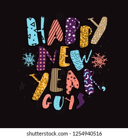 Happy new year colorful vector card. Funny and cute new 2019 year illustration. Happy New Year poster. Vector illustration for your graphic design.