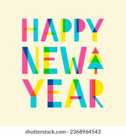 Happy New Year colorful vector retro illustration, riso, risograph print effect. Layered geometric letters, brutalist trendy style typography composition. Social media, card, poster square template.