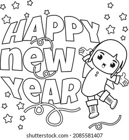 Happy New Year Coloring Book With Cute Girl
