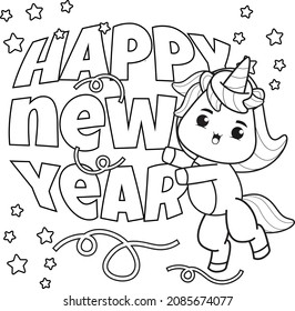 Happy New Year Coloring Book With Cute Unicorn
