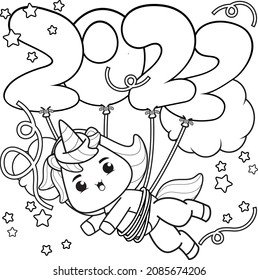 Happy New Year Coloring Book With Cute Unicorn