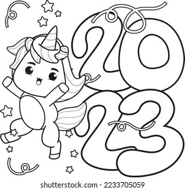 Happy new year coloring book with cute unicor