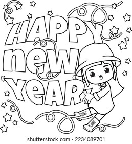 Happy new year coloring book with cute girl