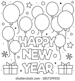 Happy New Year. Coloring page. Black and white vector illustration.