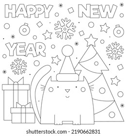 Happy New Year. Coloring page. Black and white vector illustration of cat with presents