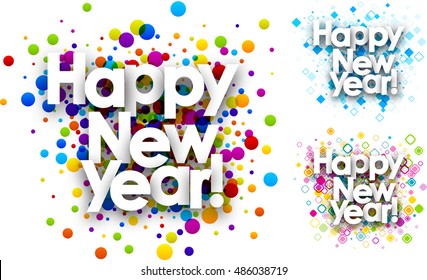 Happy new year colour backgrounds set. Vector paper illustration.