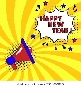 Happy New Year. Comic book explosion with text Happy New Year!, vector illustration. Comic lettering. Vector bright cartoon illustration in retro pop art style.  Comic sound effect, stars and halft