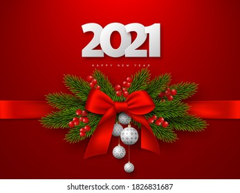 Happy New Year composition with 3d white numbers 2021 and bow, fir-tree branches, balls, berries. Red background. Vector illustration.