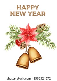 Happy new year composition with bell, red flower, berries, pine cone and leaves. Watercolor vector