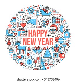 Happy New Year composition and lettering in form of Merry Christmas ball. Flat style thin line art icons color set isolated on white background.