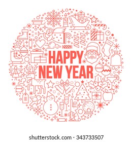 Happy New Year composition and lettering in form of Merry Christmas ball. Flat style thin line art icons set isolated on white background.