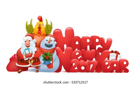 Happy new year composition with santa claus snowman and rooster Vector illustration