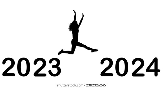 Happy New Year concept with black silhouette of young woman jumping from 2023 to 2024