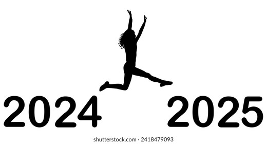 Happy New Year concept with black silhouette of young woman jumping from 2024 to 2025