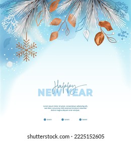 Feliz Concepto de Año Nuevo. Frontera de Año Nuevo con ramas de invierno y elementos festivos abstractos pintados