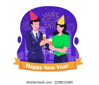 Feliz Año Nuevo con Un hombre de negocios y una compañera de trabajo celebrando la víspera de Año Nuevo bebiendo juntos. Ilustración vectorial en estilo plano