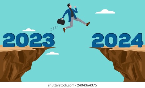 happy new year concept with businessman jumping from year 2023 to new year 2024 vector illustration suitable to describe about, business goal in 2024, business growth in new year 2024 illustration