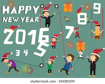 Happy new year concept, businessman try to pull number 2016, symbolizing an effort for progress in 2016, vector illustration.