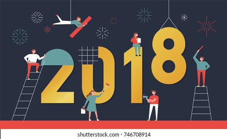 happy new year concept card. small people character built 2018 text.  vector illustration flat design 