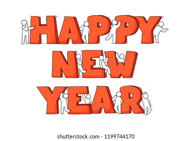 Happy New Year concept. Cartoon doodle illustration with liitle people prepare to celebration. Hand drawn vector for holiday design.