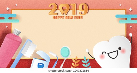 happy new year concept - cartoon tooth and toothpaste with 2019