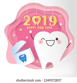 happy new year concept - cartoon tooth and dental floss with 2019