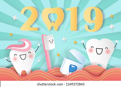 happy new year concept - cartoon tooth and brush with 2019