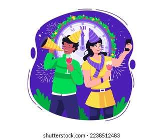 Feliz Año Nuevo con Una Pareja divirtiéndose celebrando la víspera de Año Nuevo con el reloj que muestra las 12 en punto. Ilustración vectorial en estilo plano