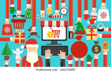 Happy New Year concept design sale online flat Santa Claus.Vector illustration