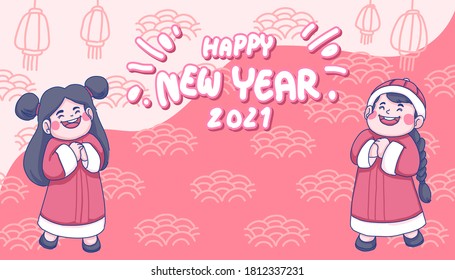 Feliz diseño conceptual de año nuevo del vector. Dibujo de dibujos animados de personajes chinos.