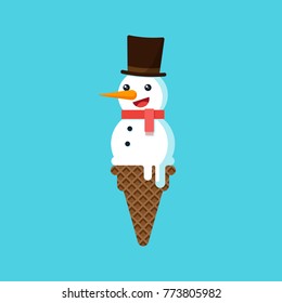 Happy new year concept flat design, snowman on ice cream cone, vector illustration