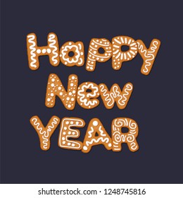 Happy new year concept with gingerbread cookies, covered in ice-sugar syrup, isolated on white. Christmas holiday cookie letters, cartoon vector illustration. Gingerbread new year and xmas cookie
