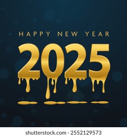 Happy New Year Concept met Gouden 2025 Tekst, Gouden Kleur Druppelend op Teal Blue Bokeh Achtergrond.