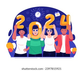 Happy New Year Concept Illustration With a Group of Young People Each Holding a Number That Read 2024. Celebrating New Year’s Eve