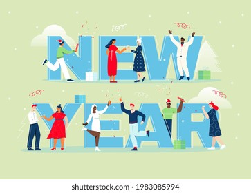 Happy New year concept. Male female characters celebrating holiday, Corporate party concept. Group of happy people clinking glasses, dancing, enjoying holiday. Celebration poster. Flat vector design