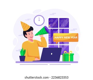 Feliz Año Nuevo con un trabajador en un escritorio con su laptop soplando una trompeta celebrando la víspera de Año Nuevo. Ilustración vectorial en estilo plano