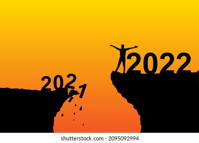 Happy new year concept. Man standing greeting on cliff with 2021 and 2022 text. Silhouette vector illustration style.