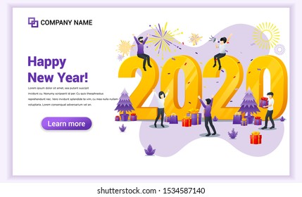 Happy new year concept. People celebrating the new year 2020 with decoration, gifts and fireworks. Can use for web banner, poster, landing page, web template. Vector illustration