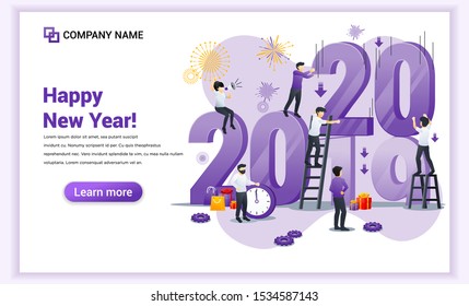 Happy new year concept. People are preparing for the new year 2020 by changing the letter of the year before midnight. Can use for web banner, poster, landing page, web template. Vector illustration
