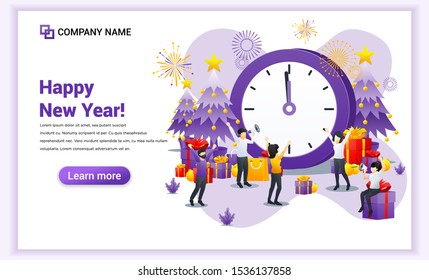 Happy new year concept. People are celebrating the new year near giant clock, Christmas tree, gift boxes and fireworks. Can use for web banner, poster, landing page, web template. Vector illustration