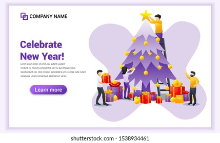 Happy new year concept. People  engaged in decorating christmas tree preparing for the party and celebrate the new year. Can use for web banner, poster, landing page, web template. Vector illustration