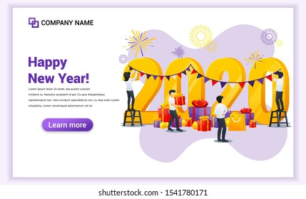 Happy new year concept. People celebrate the new year engaged in decoration on 2020 numbers preparing for the party. Can use for web banner, poster, landing page, web template. Vector illustration
