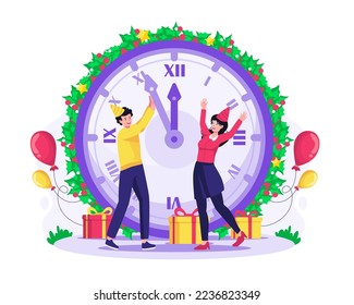 Happy New Year concept with People pushing the minutes of a giant clock to head into the new year. Vector illustration in flat style