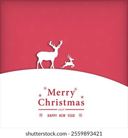 Happy New Year concept. Simple and elegant illustration of a white reindeer silhouette against a textured red backdrop is perfect for festive Christmas postcards. vector flat